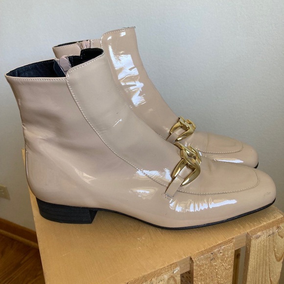 Free People Ankle Leather Flat Heel Booties Nude Boots Gold Chain Shoe Zipper - Picture 5 of 11